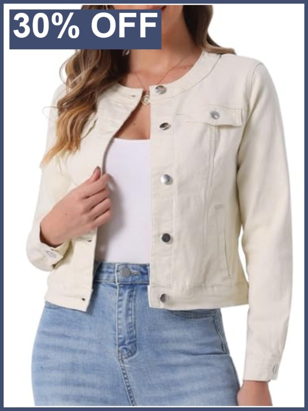 Collarless Round Neck Crop Denim Jacket Button Front Pockets